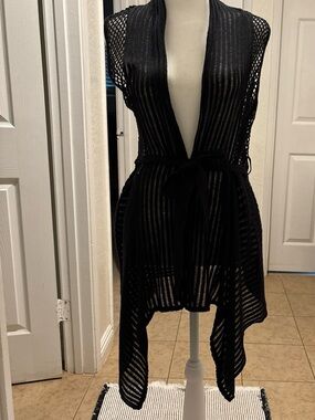 Vtg Y2K Mudd Black Open Front Mesh Crochet Cardigan Cover Up Belted Hem Goth XL